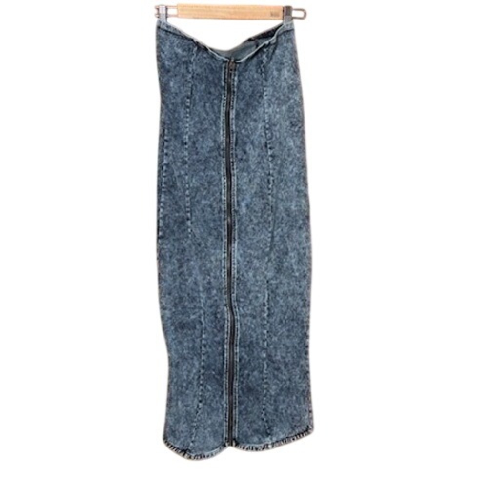 KTOO Denim Strapless Midi Dress Blue Grey Acid Wash Full Zip Punk Festival Biker